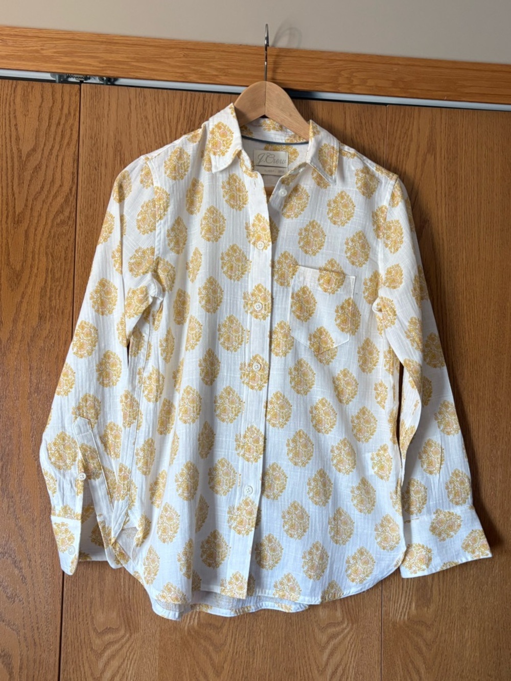 J. Crew White Gauze Button-Down Shirt with Yellow Floral Print